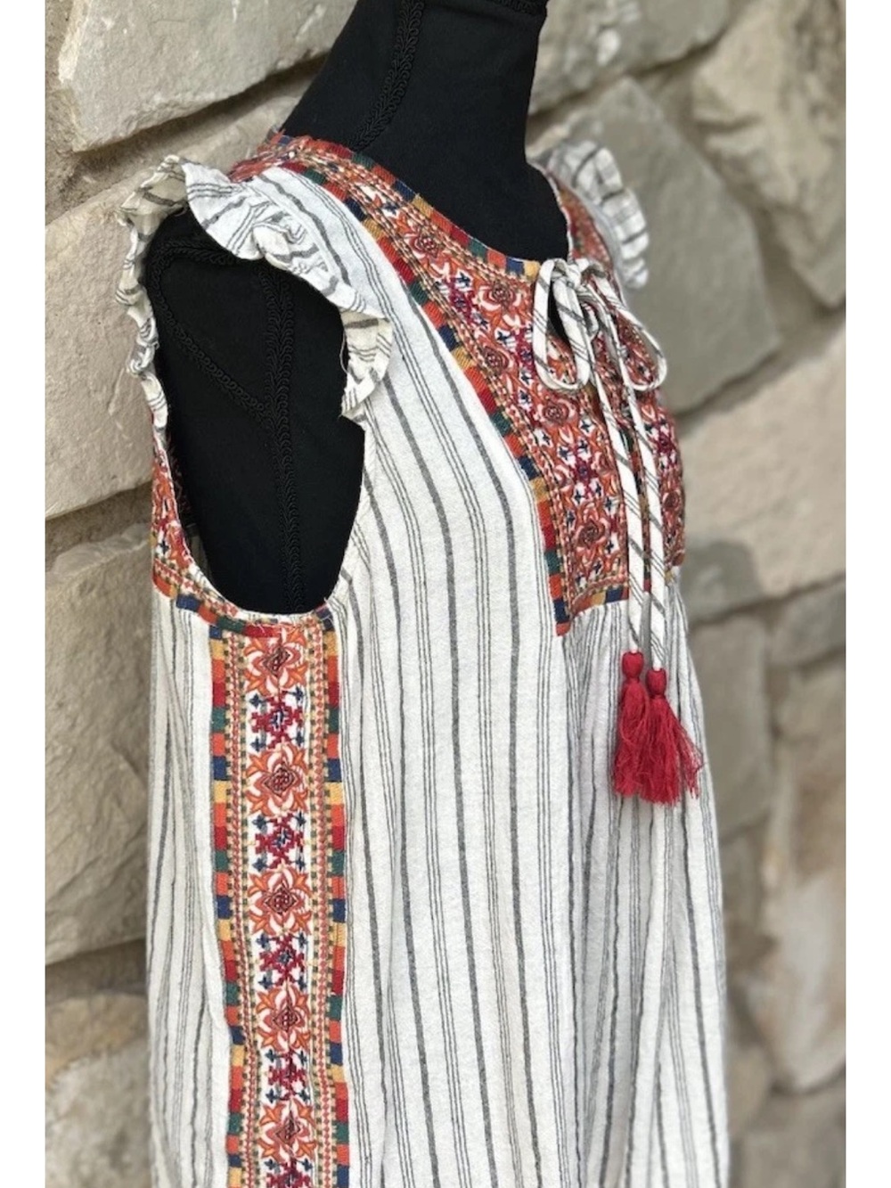 Savanna Jane Tunic Top Large Striped Floral Embroidery Sleeveless Excellent - Picture 3 of 11